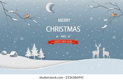 Fundo paisagem de inverno com neve caindo na aldeia noturna para a festa de celebração, Natal ou Ano Novo decorativo, ilustração vetorial