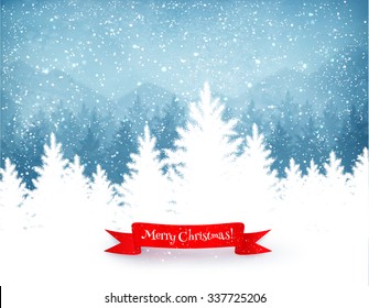 Winter landscape background with falling snow, spruce forest silhouette and red ribbon banner. 