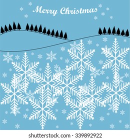 Winter landscape background with falling snow, spruce forest silhouette