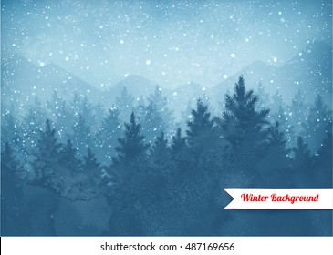 Winter landscape background with falling snow and spruce forest and mountains silhouette.