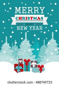 Winter landscape background with falling snow, spruce forest silhouette 