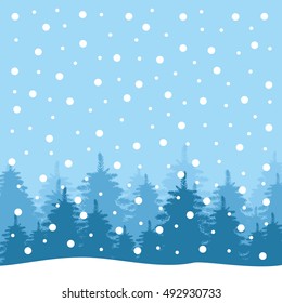 Winter landscape background with falling snow, spruce forest silhouette