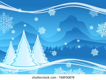 Winter landscape background with falling snow, spruce forest silhouette and light, stars. Merry Christmas card. Vector Illustration.Christmas background.