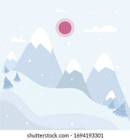 Winter Landscape Background with fir-trees and mountain. Stock vector illustration in flat design for Invitation, web banner, greetings card, social media and other winter related occasion