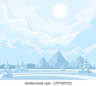 Winter Landscape Background with fir-trees and mountain