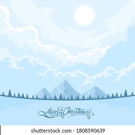 Winter Landscape Background with fir-trees and mountain and text Merry Christmas
