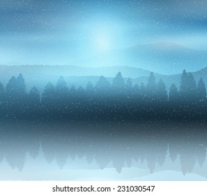 Winter landscape background with forest of trees against a night sky
