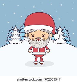 winter landscape background with full body caricature of santa claus with surprised expression vector illustration