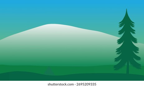 Fondo de paisaje de invierno con montañas verdes y niebla.