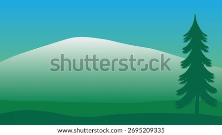 Winter landscape background with green mountains and fog.