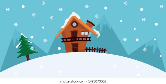 Winter landscape background with house with fireplace