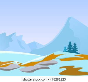 Winter landscape background. Ice, snow hills, mountains, clouds sky