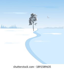Winter landscape. Background image. A lonely snow-covered tree in a field and a lonely soaring bird in the sky. Vector illustration
