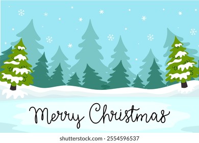 Winter landscape background, Merry Christmas card. Congratulations banner. Flat vector illustration