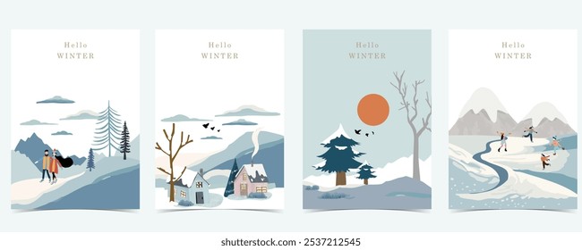 fundo paisagem de inverno com montanha, árvore para a4 design vertical