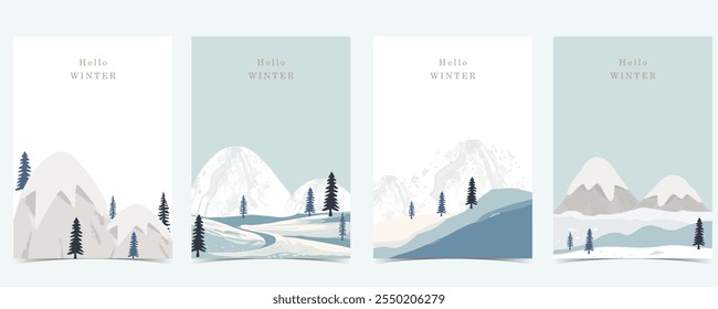 Fondo del paisaje del invierno con la montaña, árbol para el diseño de la Vertical A4