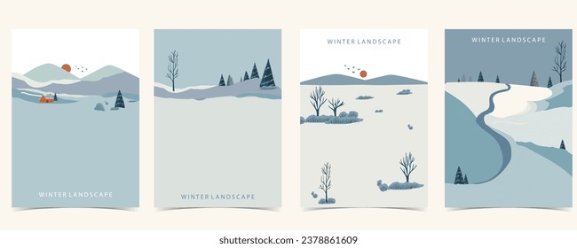 winter landscape background with mountain,tree.Editable vector illustration for postcard,a4 vertical size