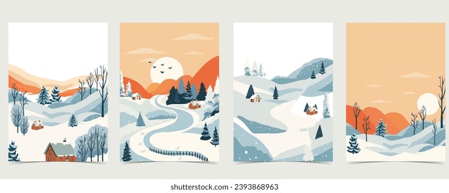 winter landscape background with mountain,tree.Editable vector illustration for postcard,a4 vertical size