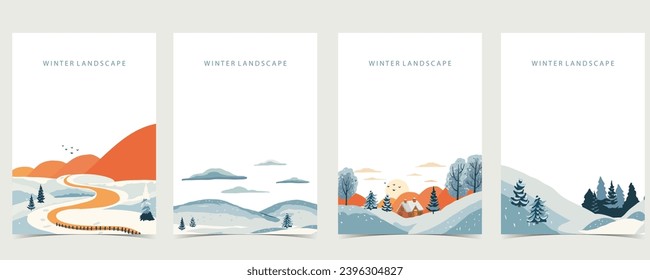 winter landscape background with mountain,tree.Editable vector illustration for postcard,a4 vertical size