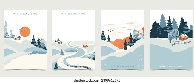 fondo de paisaje invernal con montaña,árbol.Ilustración vectorial editable para postal,a4 tamaño vertical