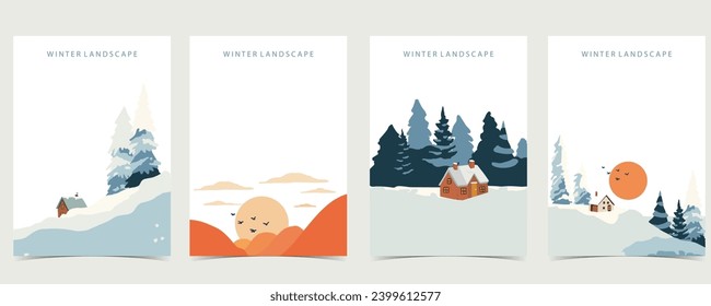 winter landscape background with mountain,tree.Editable vector illustration for postcard,a4 vertical size