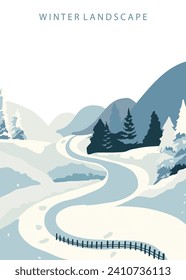 winter landscape background with mountain,tree.Editable vector illustration for postcard,a4 vertical size