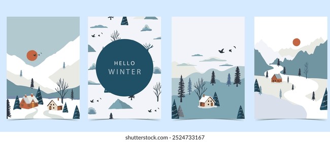 winter landscape background with mountain,tree.Editable vector illustration for postcard vertical size