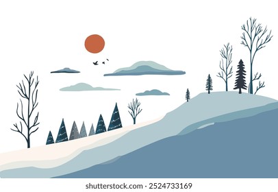 winter landscape background with mountain,tree.Editable vector illustration for postcard horizontal size