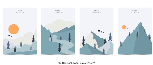 winter landscape background with mountain,tree.Editable vector illustration for postcard vertical size