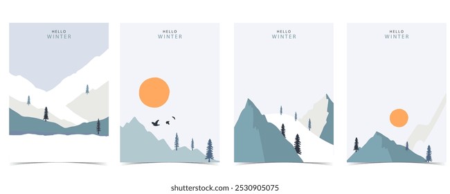 winter landscape background with mountain,tree.Editable vector illustration for postcard vertical size