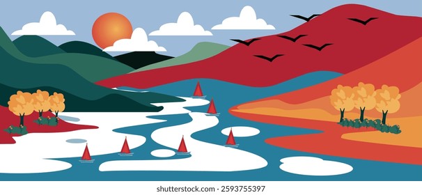 winter landscape background with mountain,tree.Editable vector illustration for postcard vertical size