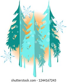 Winter landscape background with nice snowflakes and trees silhouette
