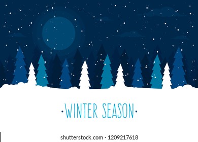 Winter Landscape Background at Night. Flat Design Style.