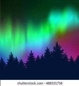 Winter landscape background with northern lights and black spruce forest silhouette. 