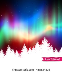 Winter landscape background with northern lights and white spruce forest silhouette. 
