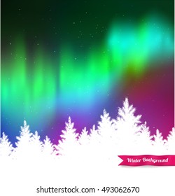 Winter landscape background with northern lights and white spruce forest silhouette. 