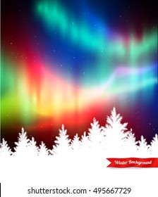 Winter landscape background with northern lights and white spruce forest silhouette. 