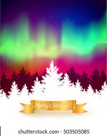 Winter landscape background with northern lights, white spruce forest silhouette and gold festive ribbon banner. 