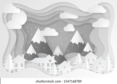 Winter Landscape Background. Papercut Vector Design. Vector Illustration