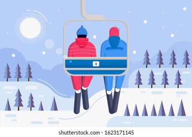 Winter Landscape Background with Pines and Snowflakes. Two men doing ski sport on the mountain with vector illustration.