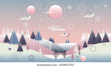 Winter Landscape background, Winter Landscape purple sky with snow on forest pine tree on moutains,Vector Xmas horizon banner Winter wonderland forest,New Year, for, wallpapper, card, banner