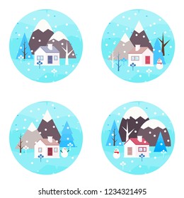 Winter landscape background. Round icons. Snowy scene with trees and mountaines. Flat vector illustration. Forest cottage or traditional farmhouse on countryside area by wintertime.