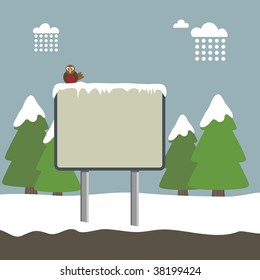 winter landscape background with signpost and robin