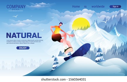 Winter landscape background with skateboard,Tourist young girl enjoying snowfall 