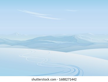 Winter landscape - background, ski trail on a hill and snowy mountains on a clear day, created by imagination in the format of vector graphics.