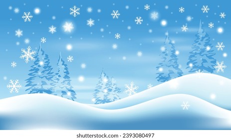 winter landscape background with snow flakes, pines, and snowfall.