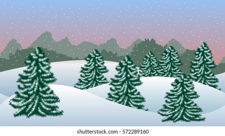 Winter landscape background.  Snow hills with spruce trees, sunset winter sky with snowballs. Vector illustration, horizontally seamless, fits for game background