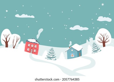 Winterlandschaft mit Schneemann. Vektorgrafik. Grußkarte. Winter. Cute Vektorgrafik von Weihnachten, Neujahr Winterlandschaft mit Häusern, Bäumen. flach.