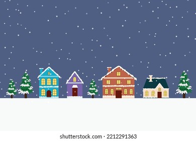Winter landscape background. snowy day with fir trees, coniferous forest, house, snowfall, Forest landscape for winter holidays and new year. Holiday winter landscape. Christmas vector background.