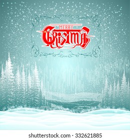 winter landscape background snowy forest with merry christmas lettering